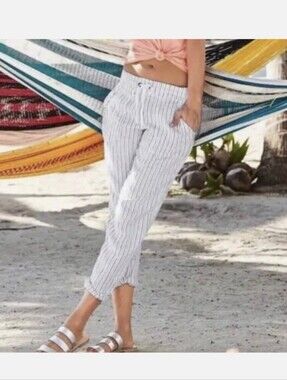 Athleta White Cropped Pinstripe Drawstring Pants Size 8  100% Linen.